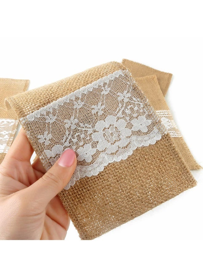 Lace-Trimmed Cutlery Napkin Festive Party Decoration Natural Jute Cutlery Bag - 5 Pcs - Image 3